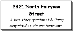 Text Box: 2321 North Fairview Street
A two-story apartment building comprised of six one-bedrooms. 
